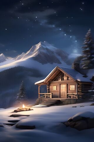Cozy Cabin In The Snowy Night Sky