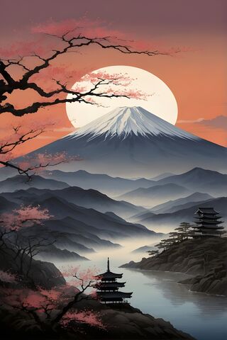 Mount Fuji With Moon