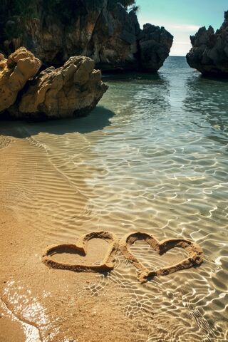 Two Hearts Drawing In Sand On Beach With Water and Rocks