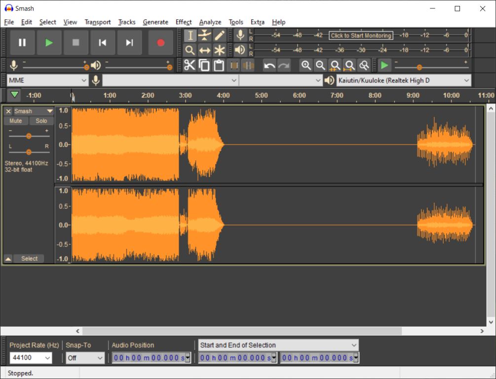 Audacity and Offspring's Smash before editing